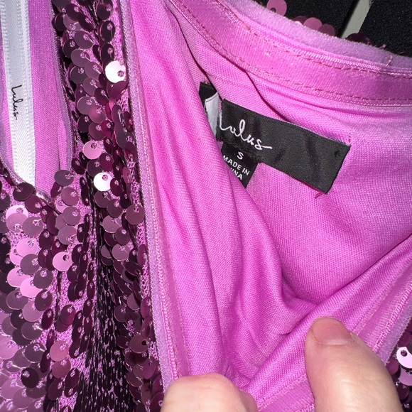 Lulu’s Prom Perfect Pink Purple Sequin One-Shoulder Cutout Mermaid Maxi Dress - Picture 8 of 9